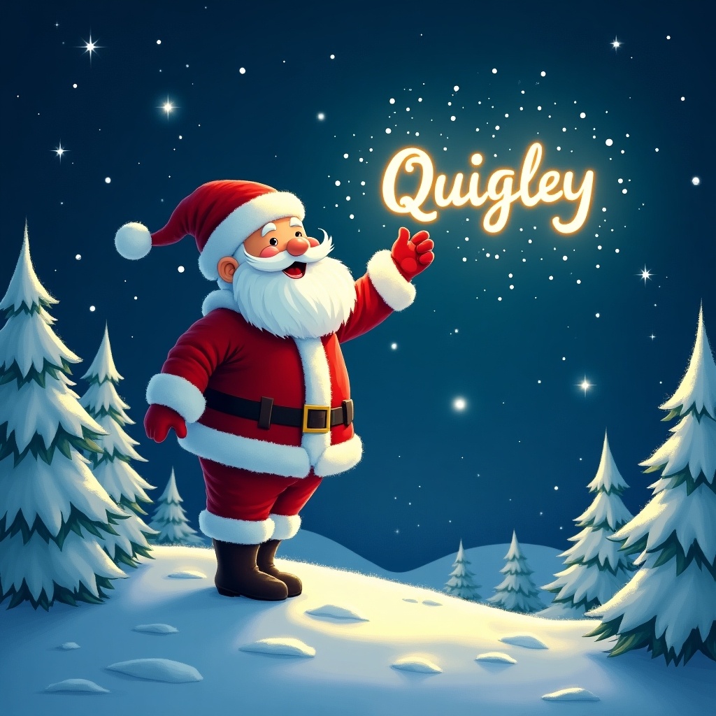 This illustration showcases a magical Christmas scene featuring Santa Claus. He stands joyfully on a snowy hill under a starry night sky. In a whimsical manner, Santa writes 'Quigley' in the air with a soft, glowing light. Snow-covered trees frame the landscape, enhancing the festive atmosphere. The overall image radiates warmth and holiday cheer, perfect for embodying the spirit of Christmas.