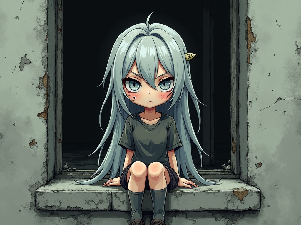 In a dimly lit setting, a chibi-style character with long, wavy silver-blue hair and large, expressive eyes sits pensively on a weathered window ledge. The character's attire is casual, adding to the somber yet serene ambiance. The surrounding dilapidated concrete walls further emphasize an air of solitude and introspection.