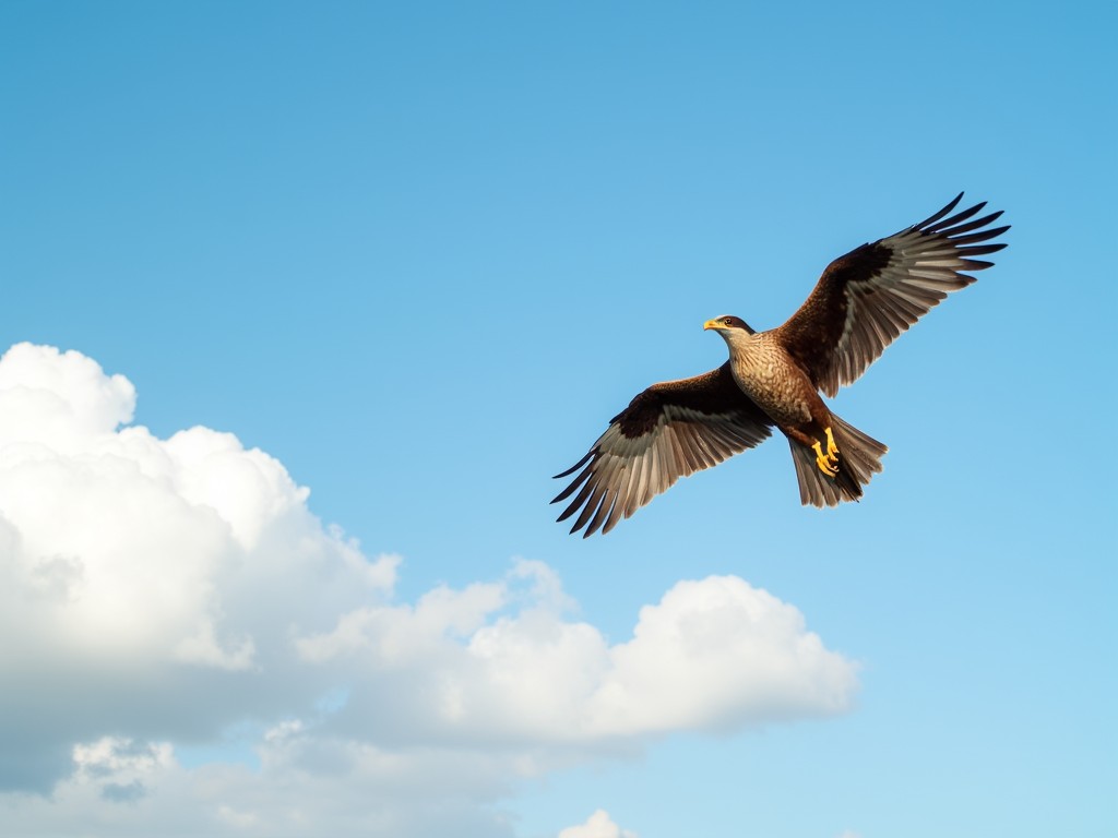 A large bird of prey soars gracefully against a pristine blue sky. Its powerful wings are spread wide, displaying intricate patterns of feathers, while a few fluffy white clouds add depth to the expansive sky. The bird's determined expression and the serene atmosphere evoke a sense of freedom and strength.