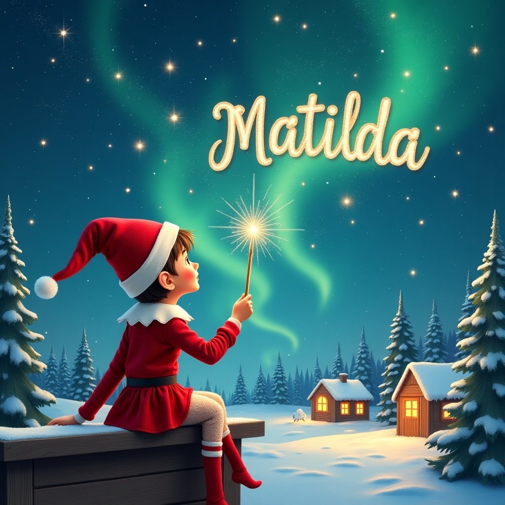 Elf seated on a wooden ledge. Gazes at magical sky. Wears red outfit and pointed hat. Holds a sparkling wand. Writes name 'Matilda' in starry sky. Snowy landscape with charming houses and evergreen trees. Shimmering Northern Lights create a magical atmosphere. Adds names 'Nada' and 'Ada'. Writes name 'Anevaeh' in air with the wand.