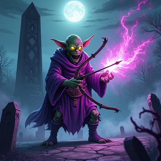 Medium shot of a goblin sorcerer with glowing yellow eyes and tattered purple robes. Sorcerer clutches a rune-carved arbalest. The background is a misty moonlit graveyard with a towering black obelisk covered in pulsating arcane symbols. Image rendered in bold comic-book outlines and anime cel-shading. Dominant colors are vibrant purples and toxic greens with exaggerated shadows. Goblin stands in a wide battle-ready stance with swirling magical energy around the crossbow bolt. Undead hands emerge from nearby graves.