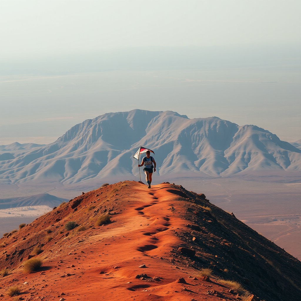 A person hikes along a red ridge with distant mountains in the background.