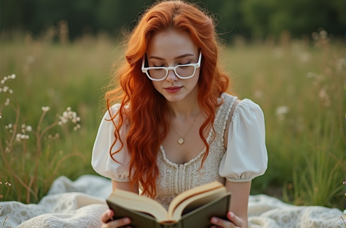 A woman with long red hair and white glasses reads a book while sitting in a lush green meadow.