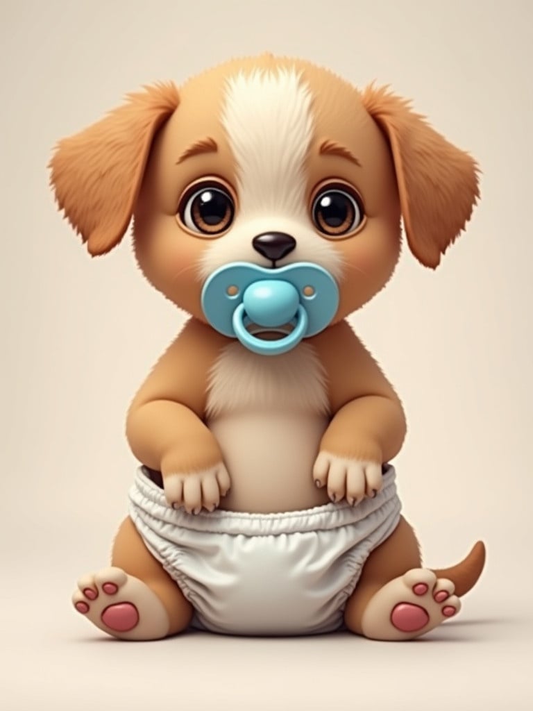 Puppy wearing a diaper and a pacifier sitting on a smooth surface. The puppy has big, expressive ears and a playful demeanor. Soft colors create a whimsical feel.