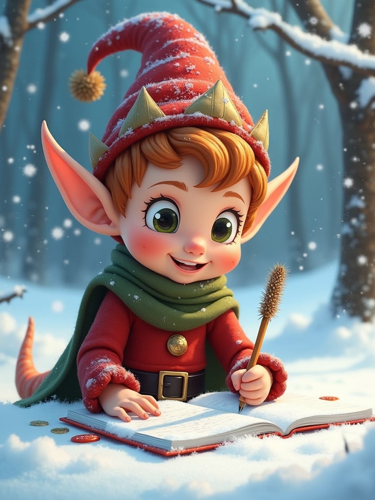 Elf sits in snow writing in a book. The setting is magical with snowfall and trees in the background. Elf wears a red outfit with a green scarf and a pointed hat. The scene conveys a cheerful, whimsical atmosphere.