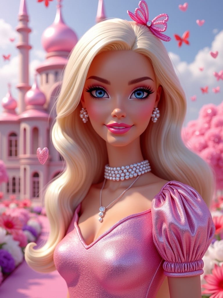 Close-up of a woman resembling a glamorous Barbie doll. Skin appears smooth and radiant with a soft pink tone. Cheeks have rosy blush. Lips glossy pink and confident smile. Eyes are sparkling blue with voluminous lashes. Soft waves of platinum blonde hair accessorized with a pink bow. Dressed in a pink glittery top with puffed sleeves and a sparkling silver choker. Dreamlike background features a pastel-pink sky and luxurious Barbie dreamhouse. Ground is glossy pink runway with oversized flowers. Glittery stars hearts and butterflies fill the air.