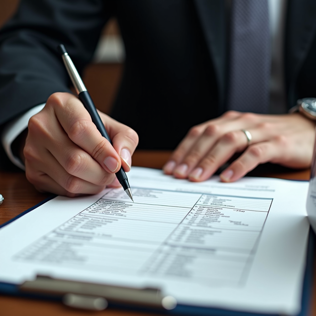 A person in a suit signs a document on a clipboard.