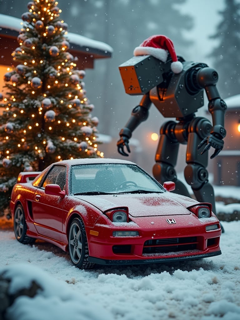 Realistic festive scene featuring a red Honda CRX parked in snow. Uniquely designed Christmas tree made from automotive parts is nearby. Background shows a robotic welding station with a Santa hat. The scene is cozy with falling snowflakes and warm lights. Metal elements emphasize automotive theme.