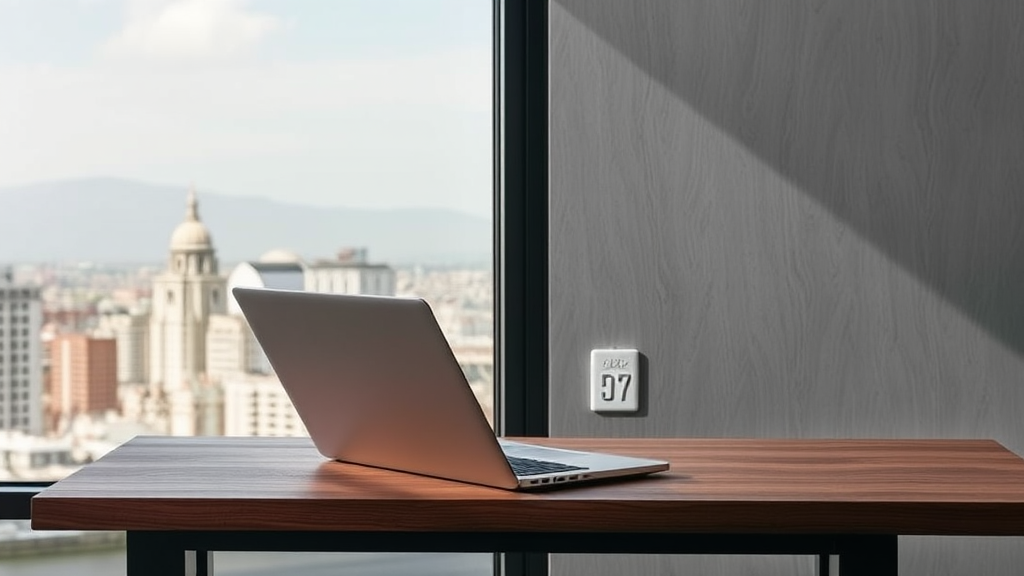 A laptop sits on a wooden desk by a window overlooking a city skyline.