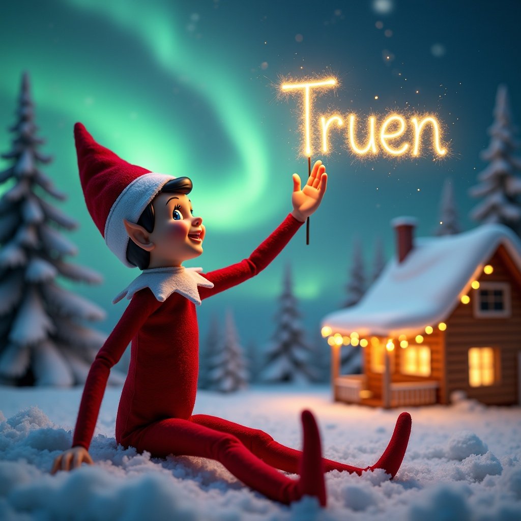 Joyful boy elf waving cheerfully in a red outfit. Magical winter scene with snow-covered trees and northern lights. Elf holds a glowing wand with sparkling light. Cozy house in the distance decorated for holidays. Snow covers the ground creating a festive atmosphere. Elf embodies Christmas spirit.