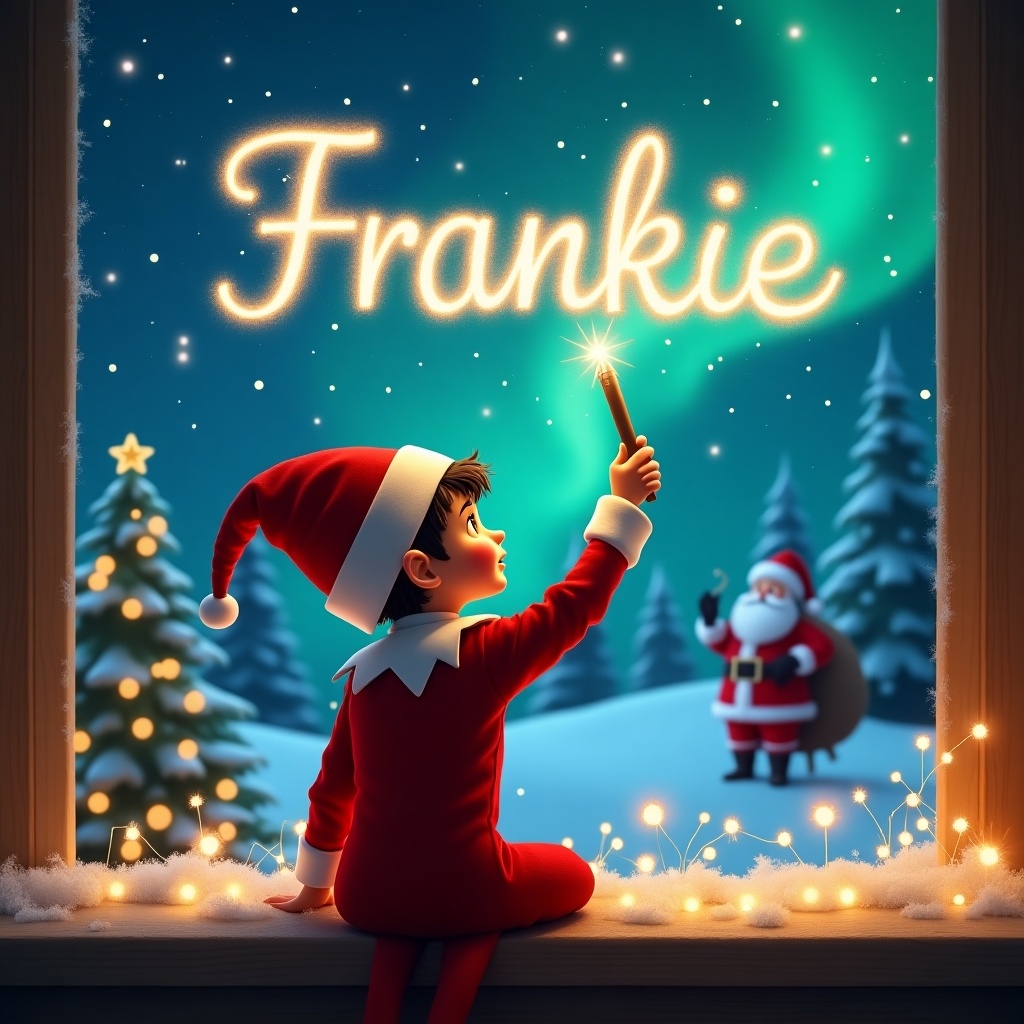 A charming scene depicting a boy elf on the shelf, wearing a red and white outfit, with his back to the viewer. He faces a beautiful night sky filled with northern lights, using a magic wand to elegantly write the name 'Frankie' in the air. The background is a magical Christmas wonderland with twinkling lights, trees, and Santa Claus in the distance carrying a bag of gifts. The atmosphere is festive and enchanting, perfect for the holiday season. The colors are vibrant and create a warm, inviting feel, enhancing the sense of magic.