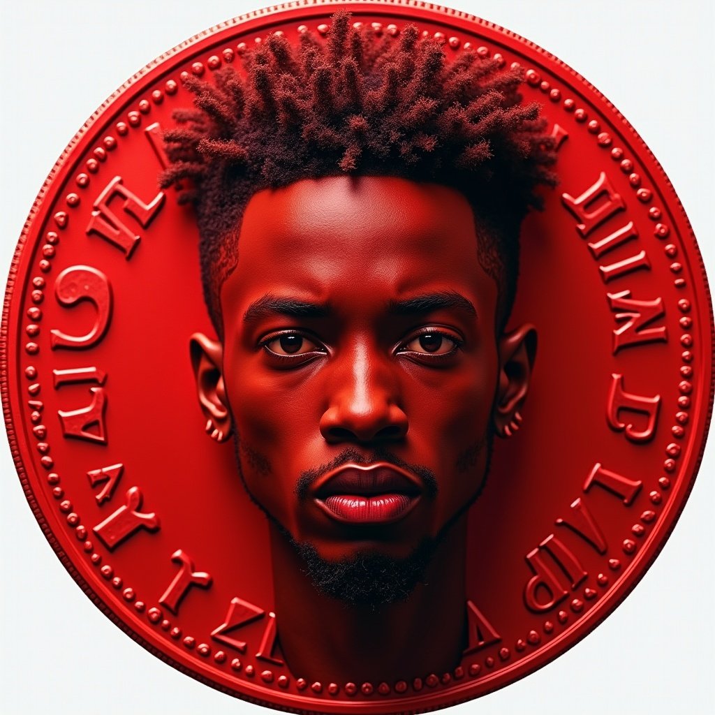 Image designed for meme. Red coin featuring rapper's face. Coin-like element is prominent.