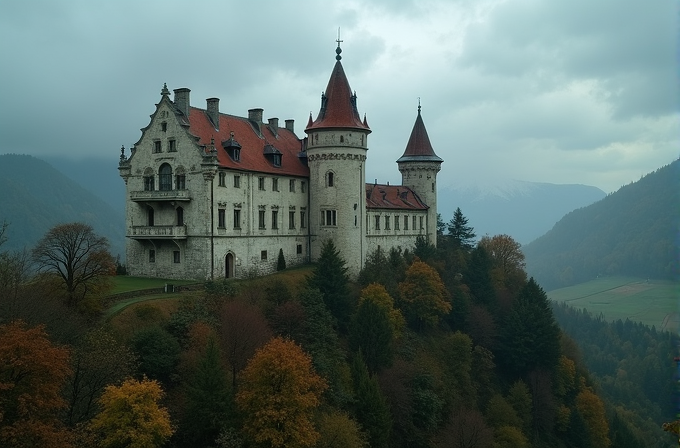 A grand castle stands on a hill surrounded by colorful autumn trees, with mountains in the misty background.