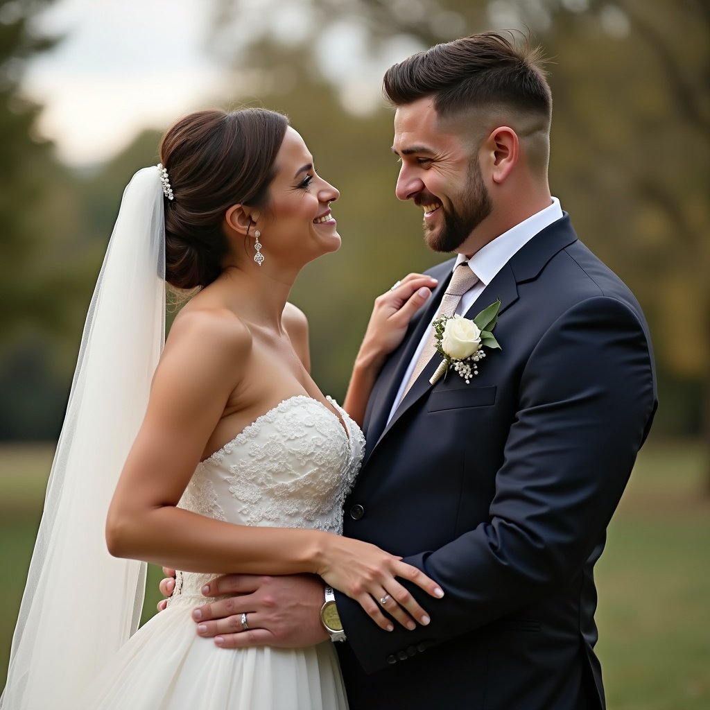 Wedding couple photograph. Man pulling woman towards himself. His hand rests on her love handles. Woman looks at him. Man looks at camera with slight smirk.