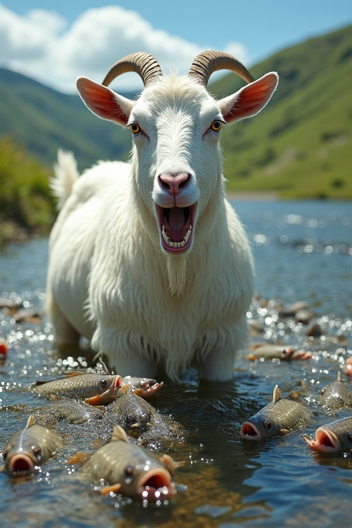 A white goat stands in a river. The goat has wet fur and looks distressed. Piranha-like fish cling to the goat's body. The scenery features green hills and a rippling river. It is bright and vibrant.