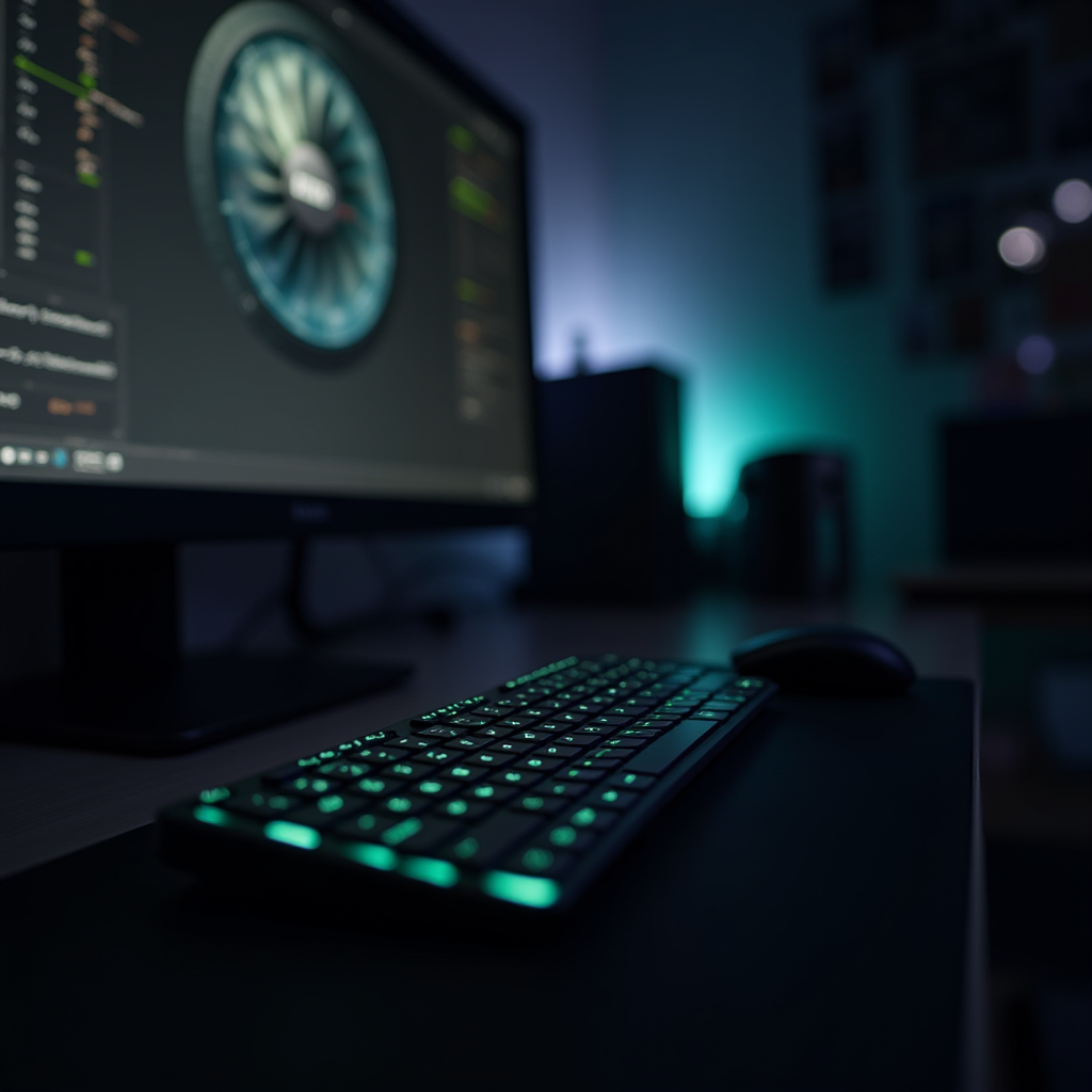 A dimly lit tech desk features a glowing keyboard, mouse, and monitor displaying a futuristic interface.