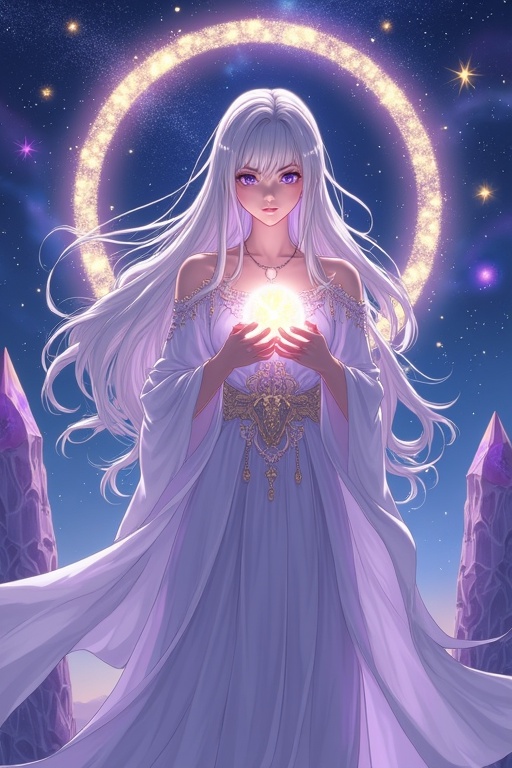 Celestial sorceress stands in serene power. Long silver hair cascades. Violet eyes glow with wisdom. Adorned in flowing white and lavender robe. Embroidered with golden constellations. Translucent fabric billows like stardust. Glowing celestial ring pulses above. Surrounded by orbiting gemstones. Ethereal nebula backdrop in royal purples and sapphire blues. Towering crystalline spires fade into mist. Cradling a luminous orb of starlight. Soft light casts delicate shadows. Anime-meets-fantasy realism. Whimsy blended with detail. Majestic tranquility radiates from her stance.