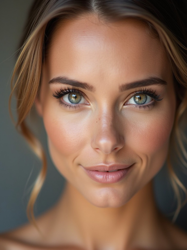 Closeup portrait of a beautiful woman. Natural light emphasizes the skin tone and features. The composition highlights elegance and beauty.