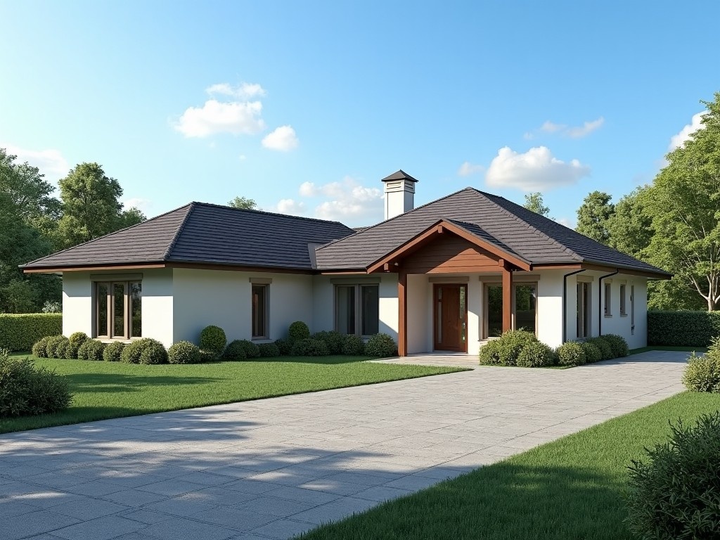 This image features a beautifully designed L shaped bungalow. It showcases four spacious bedrooms, each with its own dedicated bathroom. The layout intelligently incorporates a modern kitchen and a dining area, providing ample space for family gatherings. The exterior boasts a charming facade with a mix of white and wooden elements. Surrounding the house, a neatly landscaped garden creates an inviting atmosphere.