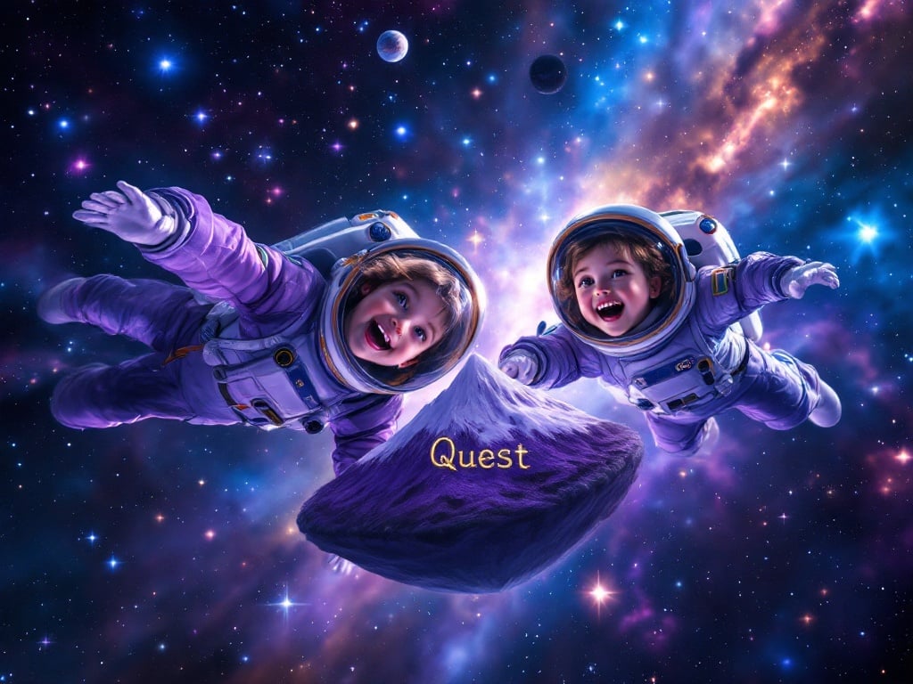 Two children in astronaut suits joyfully floating in space. Their faces show wonder and excitement. Nearby, a small planet with a snowy central mountain. The mountain is purple with the word 'Quest' in gold thread. The scene is surrounded by stars and vibrant nebulae.