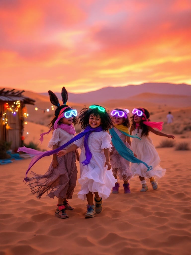 Group of four adventurous kids around four years old having a lively party in a vibrant desert. Warm sands stretch into the distance. Vast sky painted in sunset hues. Children dressed in colorful costumes. They wear playful headbands and light-up goggles. Scattered art installations and a small wooden structure with streamers and lights. A makeshift dance floor bustling with twirling and laughter. Large fabric flags fluttering in the breeze.