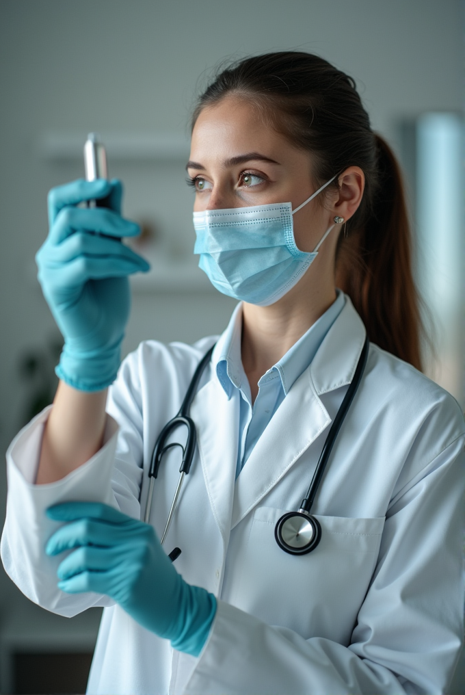 A healthcare worker wearing blue gloves and a mask examines a small object.