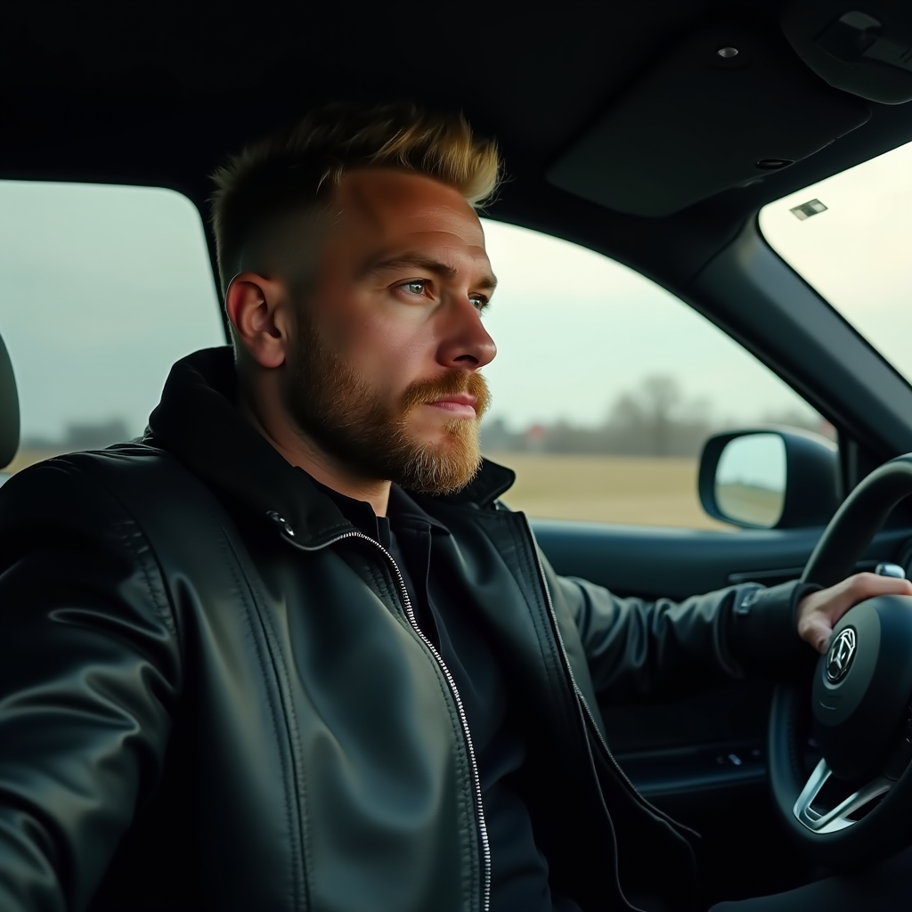 A man in a leather jacket driving attentively on an open road.