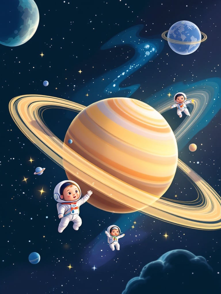 Three baby astronauts embark on an adventure to Saturn. They explore its rings filled with icy particles. They communicate in English and Spanish, sharing excitement and knowledge about Saturn's gas composition. A bright galaxy surrounds them, highlighting their discoveries.