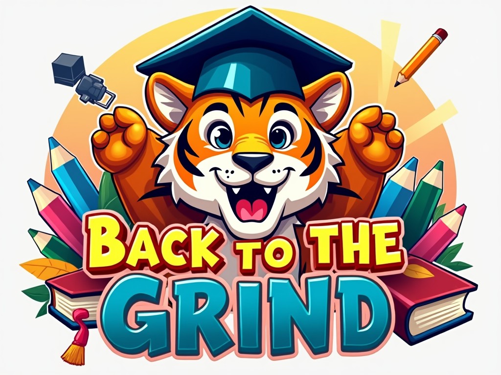 This vibrant illustration features a cheerful cartoon tiger wearing a graduation cap, symbolizing educational success. The bold, colorful text 'Back to the Grind' is prominently displayed at the bottom, surrounded by school-related items such as pencils, a book, and a paintbrush. The design exudes a sense of excitement and motivation, perfect for a back-to-school theme.