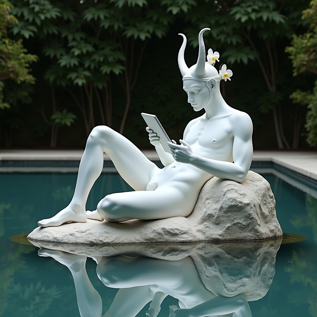 This image features a white statue of a slender man in a white robe reclining on a rock. The figure is gazing at a tablet, wearing a mask and a headdress with horns and orchids. The statue has a classical style, reminiscent of ancient sculpture, suggesting poise and elegance. Positioned in a tranquil pool, the setting is calm with lush greenery and soft shadows, evoking serenity.