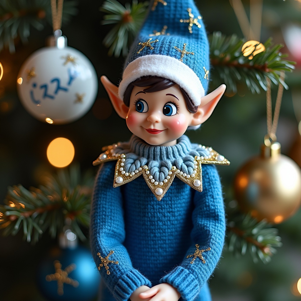 The image showcases a charming elf doll dressed in a blue outfit, adorned with golden stars and a fluffy white trim on its hat. It stands amidst a festive backdrop of Christmas decorations, including shimmering baubles. The elf has a cheerful expression, adding to the holiday spirit. Notably, the image features two Christmas baubles with the names 'Savannah' and 'Izzy' inscribed on them. The warm lighting enhances the cozy atmosphere, making it a perfect representation of Christmas joy. This scene evokes feelings of nostalgia and festive cheer.