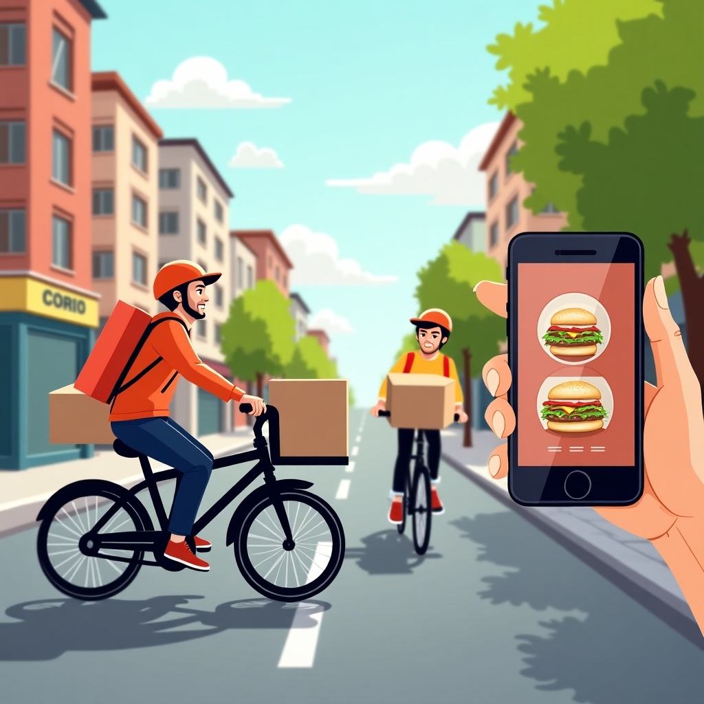 Visual representation of food delivery app featuring two cyclists on a street. One cyclist holds a smartphone displaying food items. Bright and happy atmosphere in an urban setting.