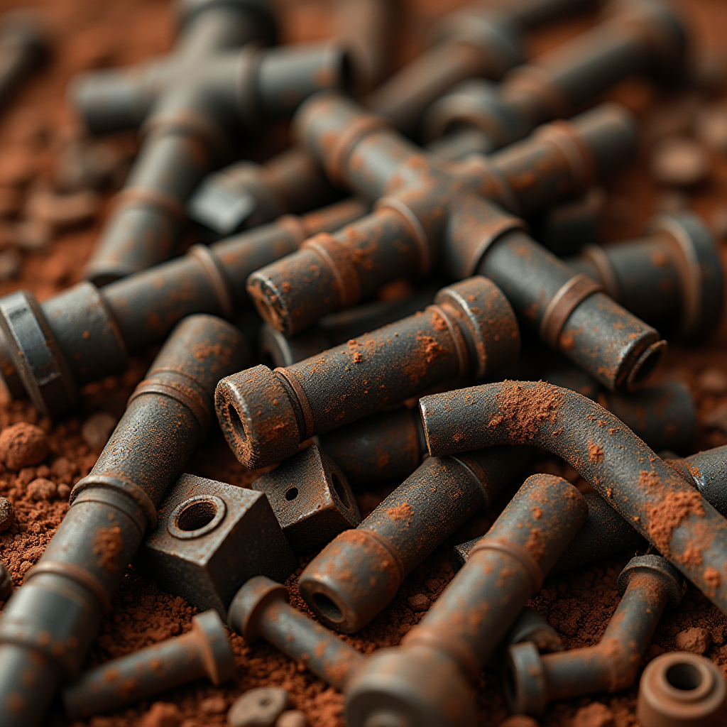 A collection of rusted metal pipes and connectors scattered on a textured brown surface, displaying a mix of straight, curved, and jointed forms.