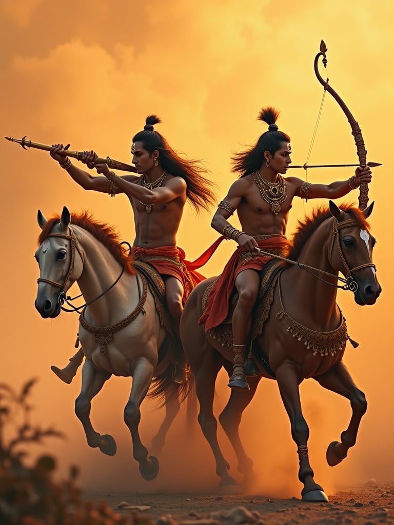 Image depicts two heroic figures on horseback. One figure shoots arrows while the other drives the chariot. The color scheme features brown and orange tones. The setting is reminiscent of a battlefield. Both figures have similar body colors.