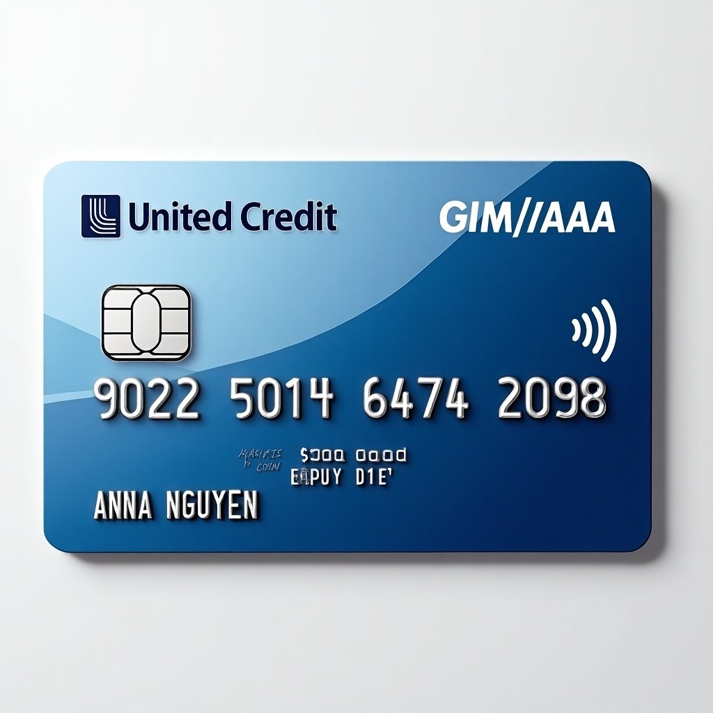 Realistic image of a credit card showcasing distinct details. United Credit logo prominently displayed. Number is visible below the logo. Cardholder name is ANNA NGUYEN. Expiry date noted at the bottom. Clean appearance with blue and silver background and bold silver font.