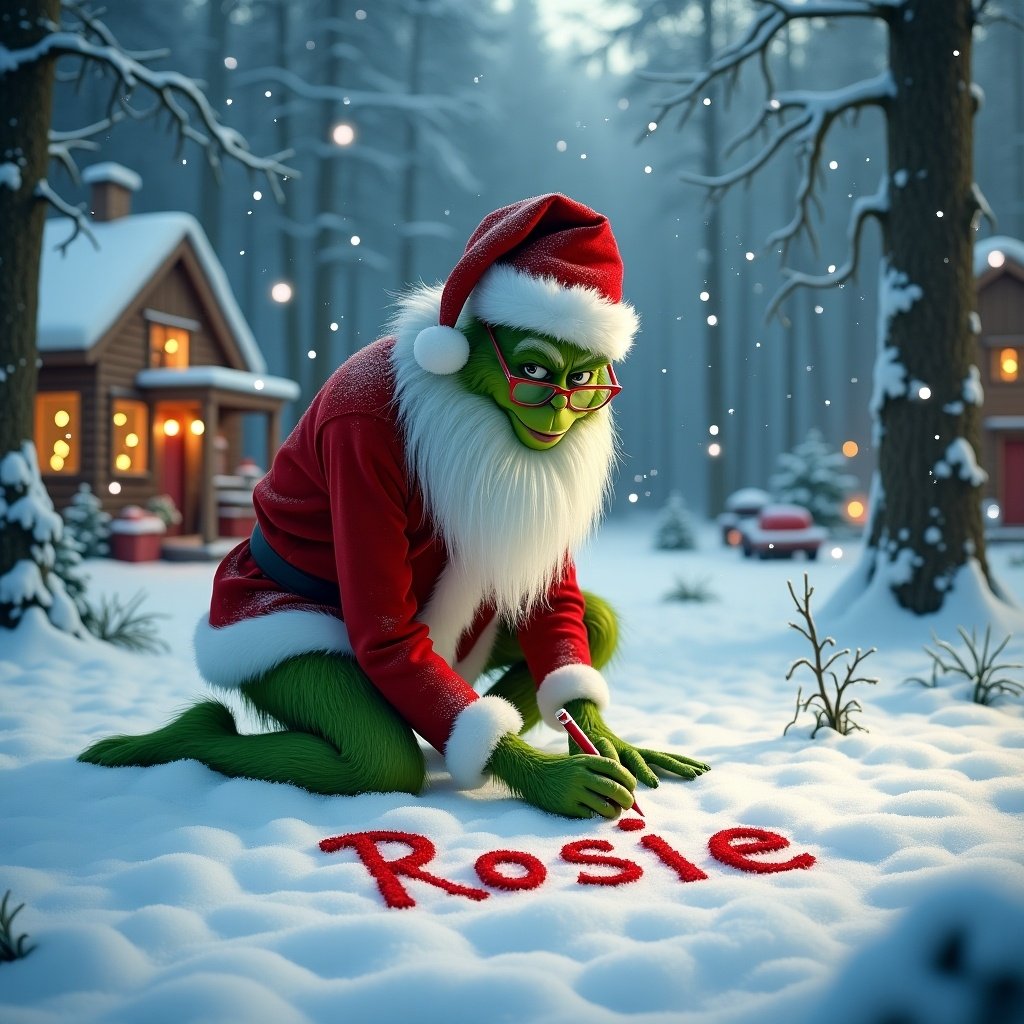 The Grinch kneels in a snowy forest writing the name 'Rosie' in the snow with a red marker. Snowflakes fall gently around him. Cozy cottages with lights surround the snowy landscape. White beard and glasses give a classic look. This moment captures creativity and the spirit of giving. Magical atmosphere with delicate snowflakes.