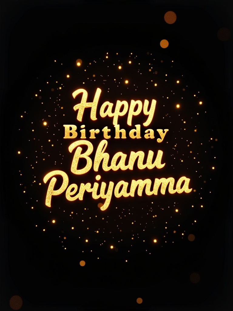 Design features golden lettering saying Happy Birthday Bhanu Periyamma against a black background embellished with glowing particles.