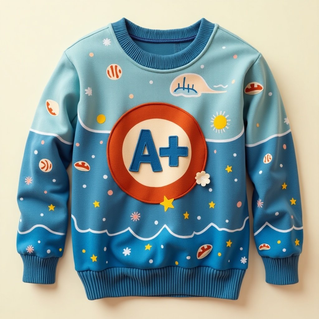 Sweater designed for swimmers. Bold A+ sign on the front. Includes fun motifs like water elements and basketball. Colorful and playful style. Ideal for kids.