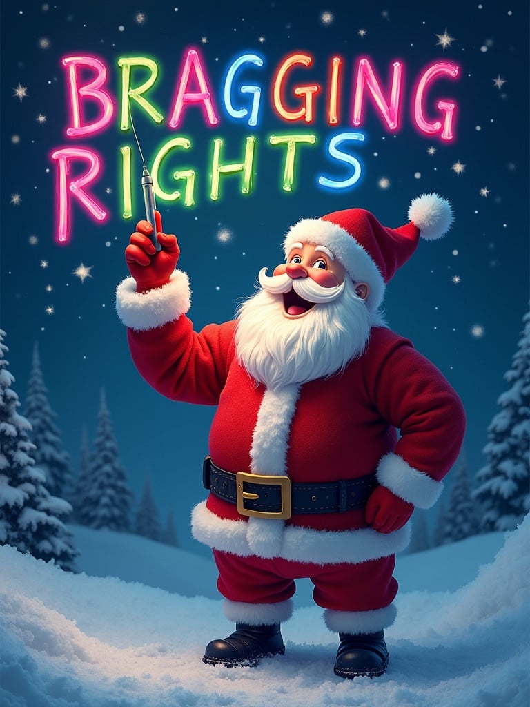 Image of Santa Claus in snowy setting. Santa dressed in red and white suit. Writing 'BRAGGING RIGHTS' in the sky with a glow pen. Background includes starry night and falling snow. Cheerful expression adds warmth and joy to the scene.