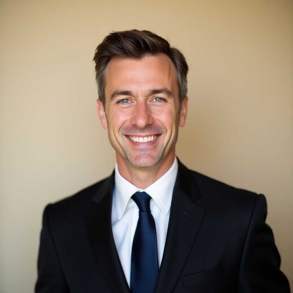 Professional half portrait of a man in a black suit and dark blue tie. Background is light beige. Subject appears formal and approachable.