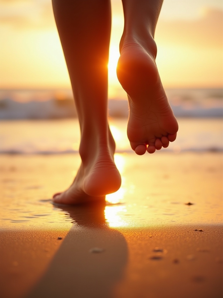 Female feet walking on a beach during sunset. Warm sunlight shines from behind. Ocean waves lap at the shore. Sand is visible under the feet.