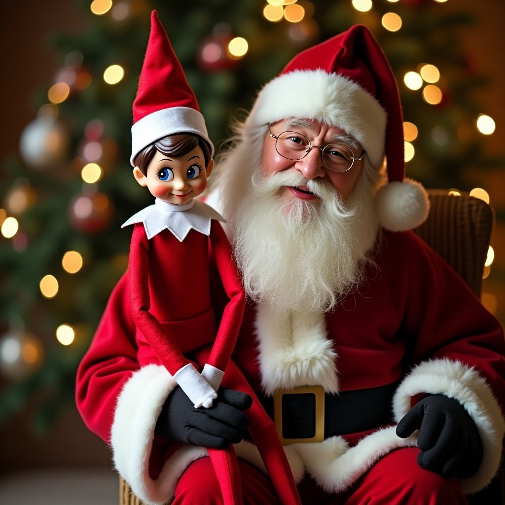 Elf on the shelf with lifelike Santa Claus. Festive background with Christmas tree. Cozy holiday atmosphere.