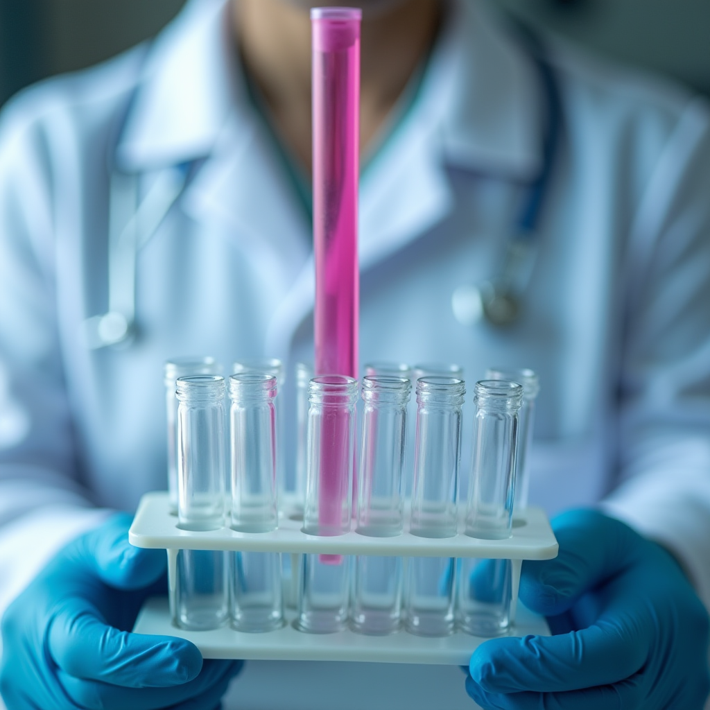 A person wearing a lab coat and gloves holds test tubes, one filled with pink liquid.