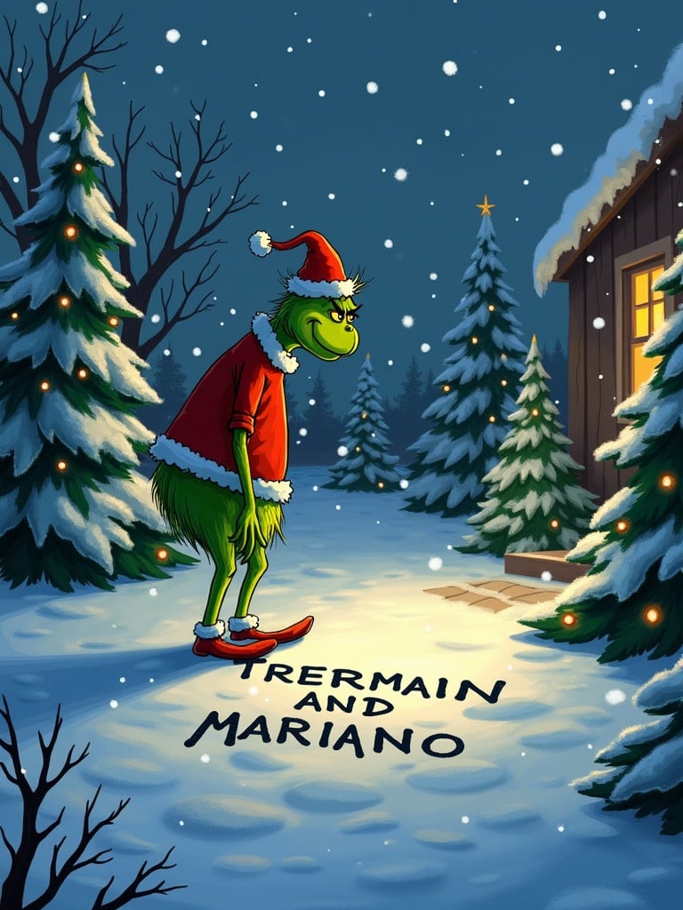 The Grinch is outside in the snow. Christmas trees are decorated with lights. The Grinch writes the name Tremain and Mariano in the snow.