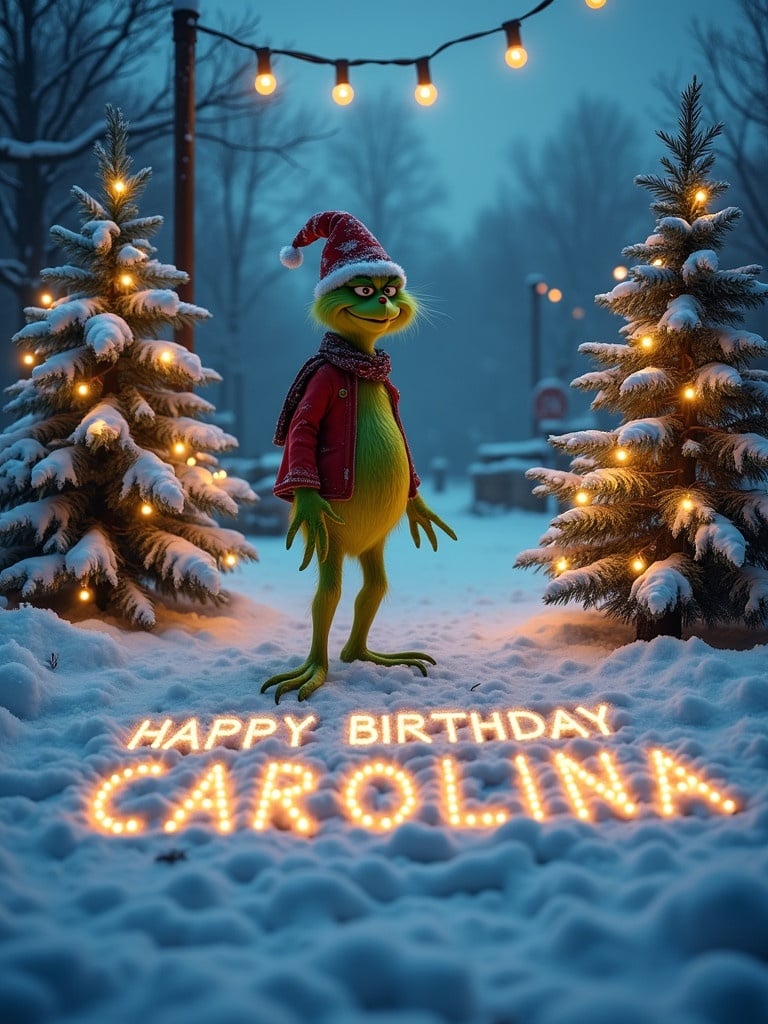 Grinch dressed in Christmas attire stands in snowy scenery. Christmas trees embellished with lights surround the Grinch. The ground displays the words Happy Birthday Carolina written in lights.