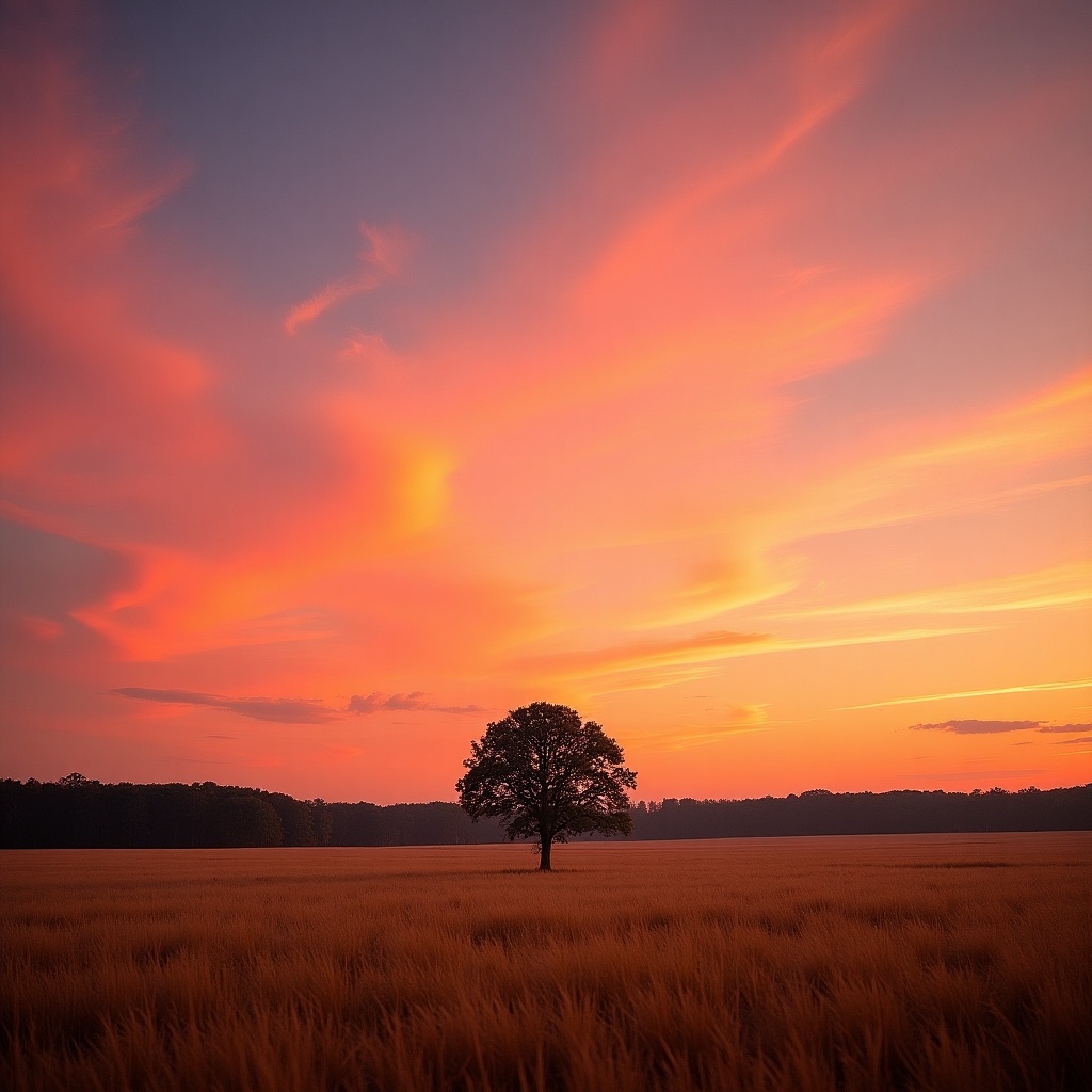 Beautiful sunset with vibrant pink and orange sky. Clouds add depth to the scene. Silhouetted trees on the horizon. Lone tree in the center of a golden field. Balanced lighting and saturation. Breathtaking serene atmosphere.