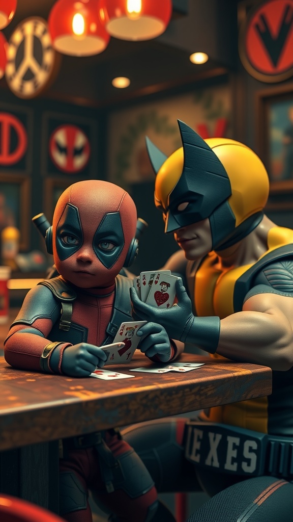 This vibrant digital illustration showcases two superhero characters engaging in a friendly card game at a rustic wooden table. The characters are depicted with exaggerated, cartoon-like features in a setting filled with playful decor and soft, diffused lighting. Their colorful costumes and expressive poses emphasize the humorous and relaxed atmosphere of the scene.