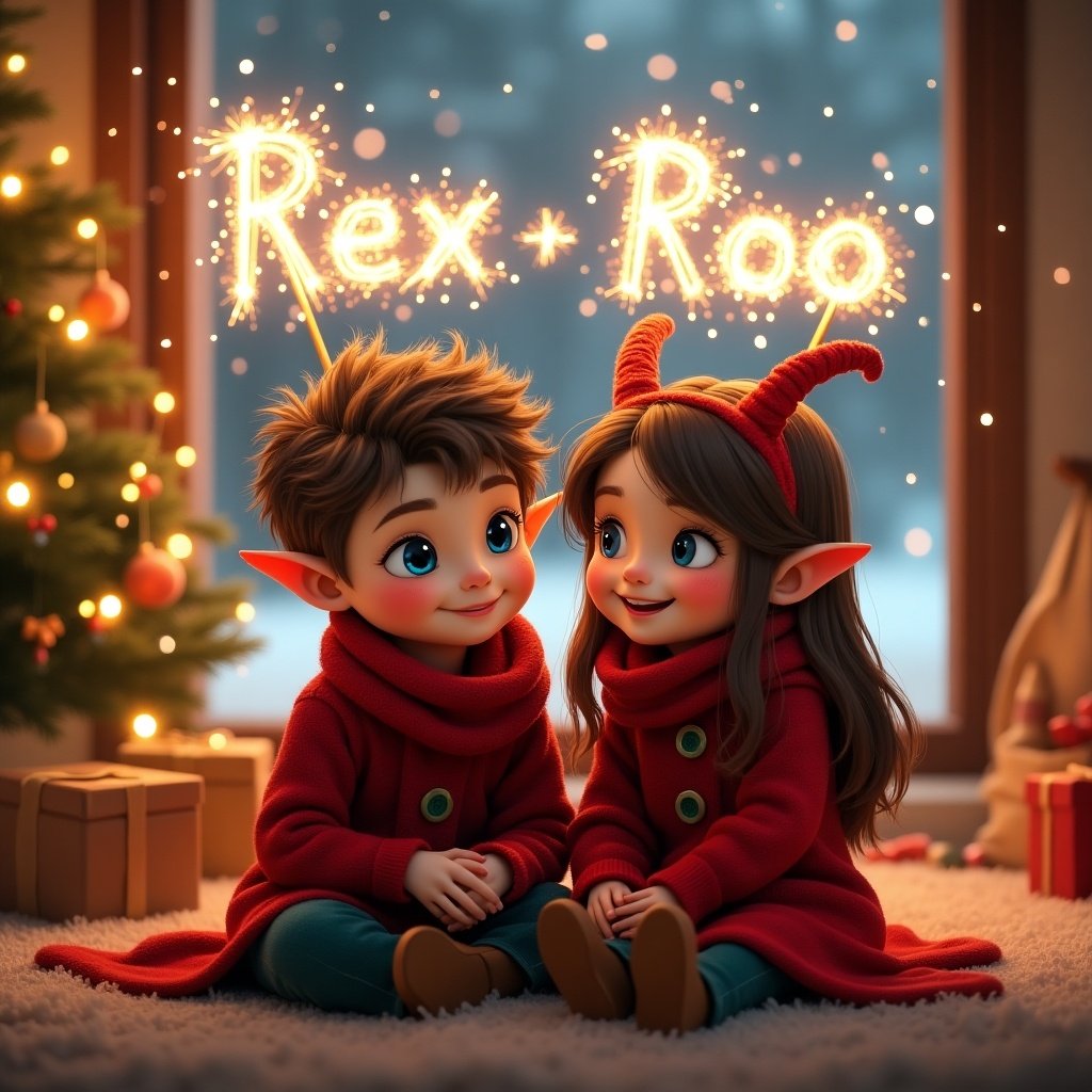 Joyful Christmas scene with pixie elves. Twin boy and girl are sitting together. Both in red outfits. Boy has brown hair and blue eyes. Girl has long brown hair with horns. Sparklers illuminate the night sky. Names Rex and Roo are spelled out. Christmas tree and falling snow are visible. Overall mood is warm and magical.