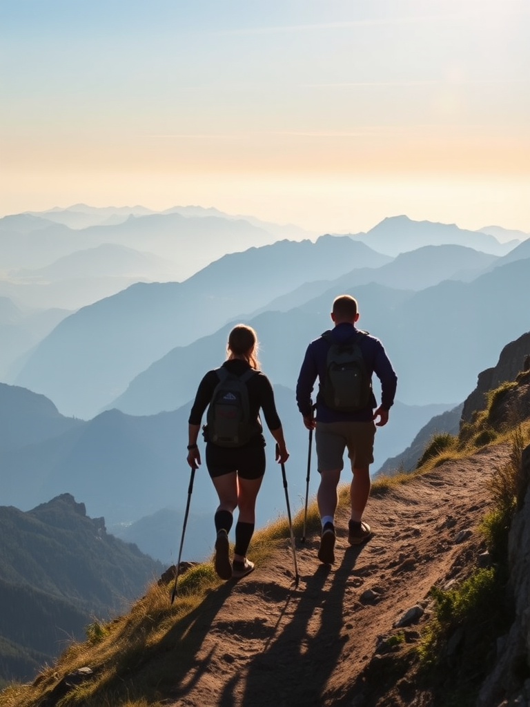 Two hikers walk along a mountain path with a stunning view of misty peaks in the background.