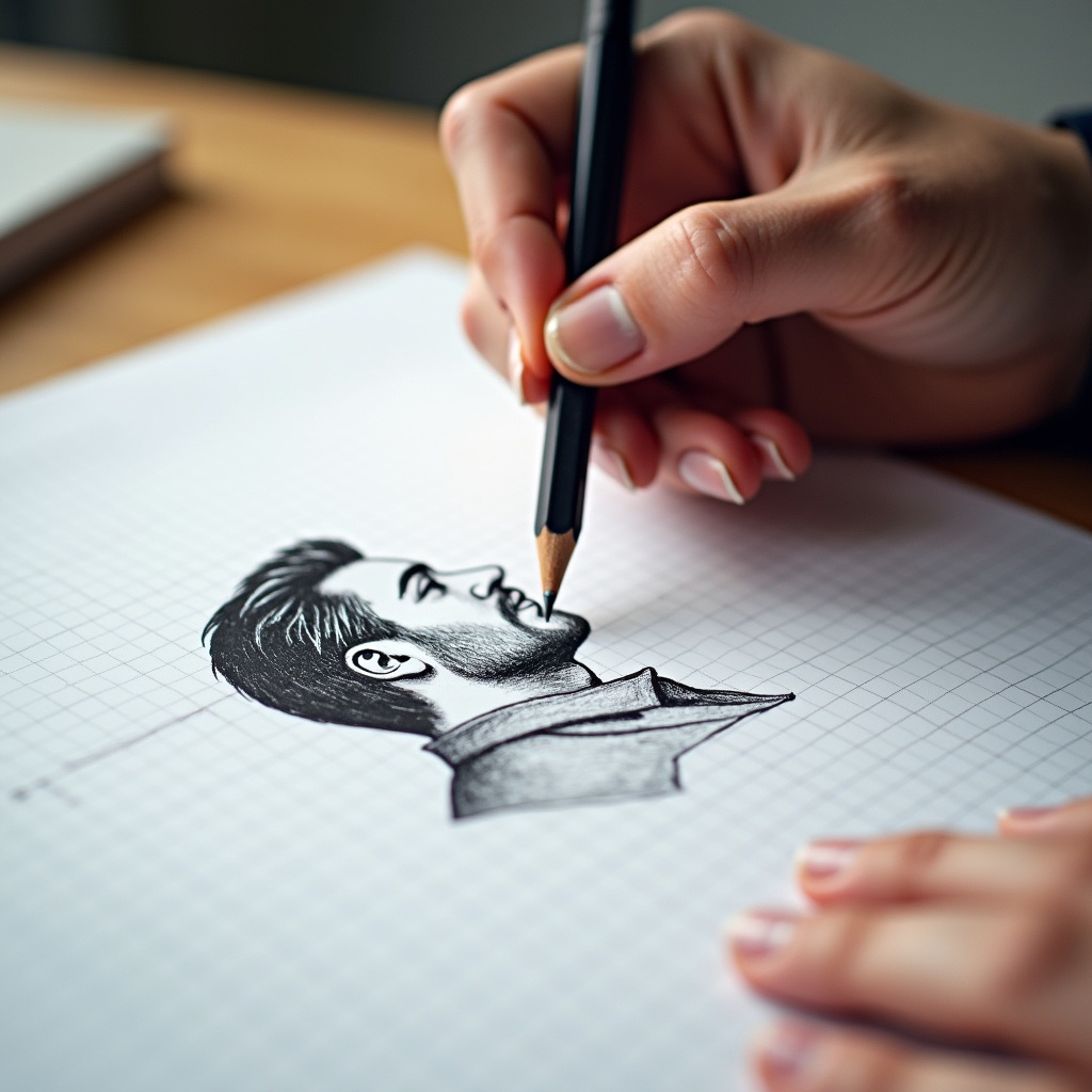 Person sketching a man on graph paper with pencil.